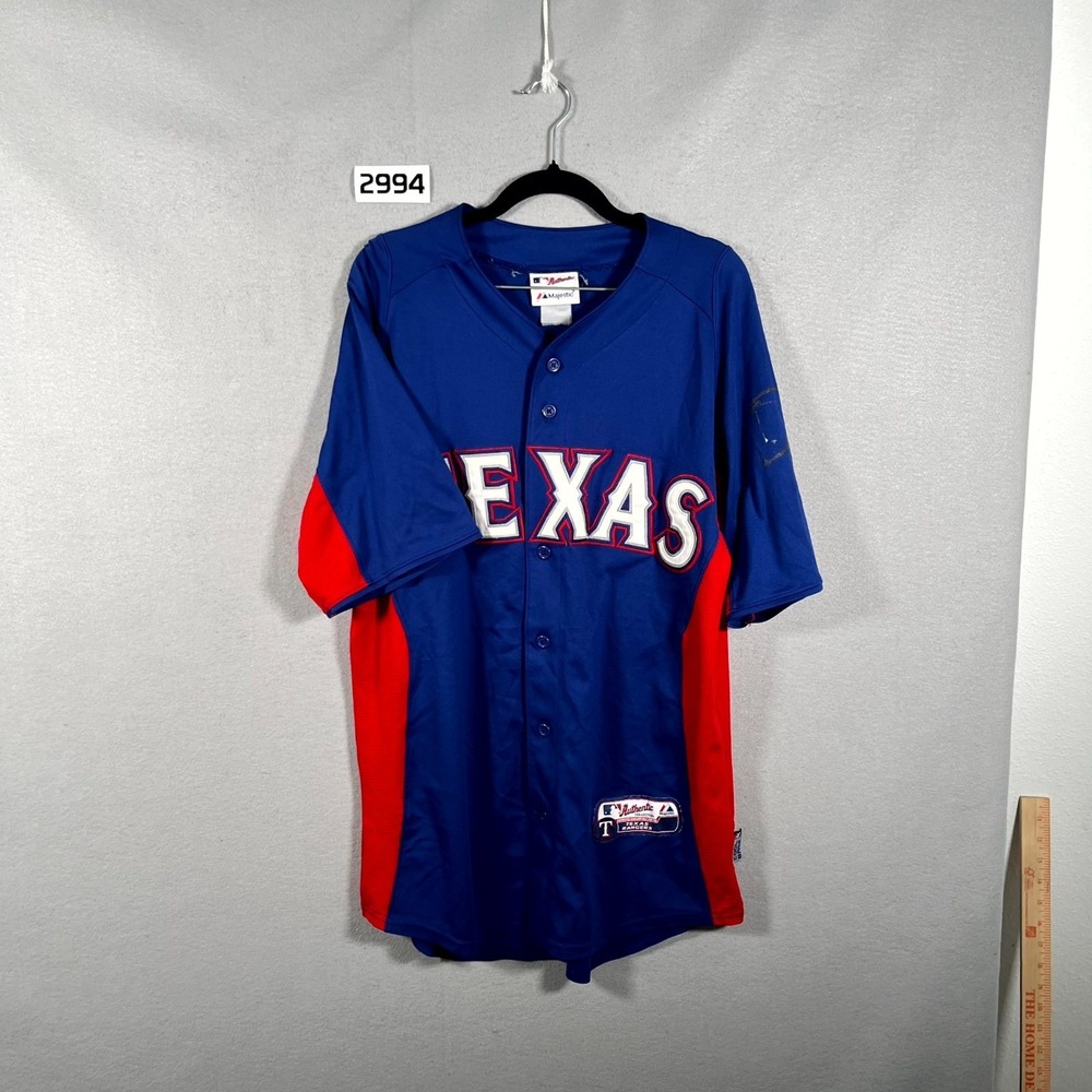 Texas Rangers Baseball Jersey Mens Blue Majestic‎ MLB Button Front Short Sleeve